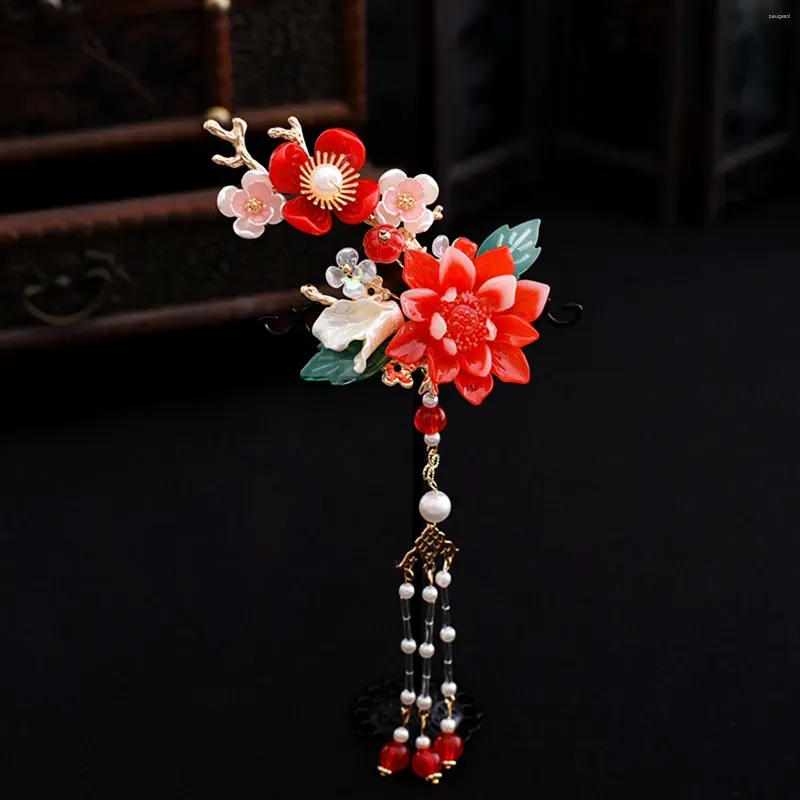 Hair Clips 2Pcs Chinese Hanfu Accessories Fairy Red Flower Hairpins Vintage Dress Headwear Long Tassels Clip Noiva Jewelry