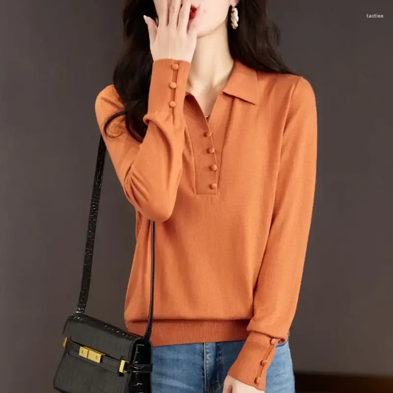 Women`s Blouses Classic Autumn Winter Solid Color Knitting Bottoming Shirt Women Long Sleeve Polo Collar Button Decoration Casual Lady
