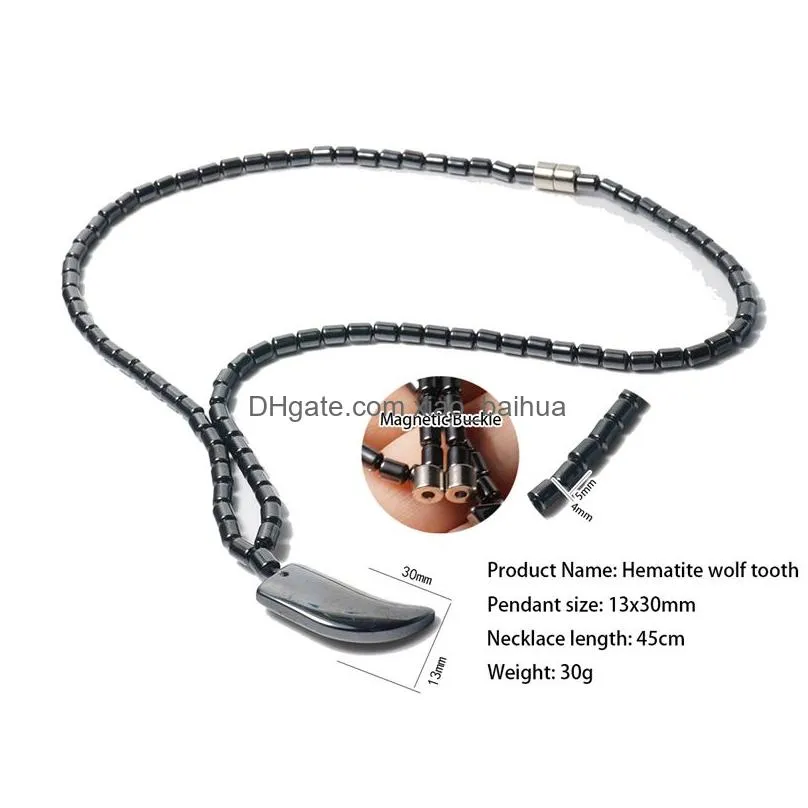 hematite necklace magnetic natural stone beads jewelry for men women wolf tooth shape