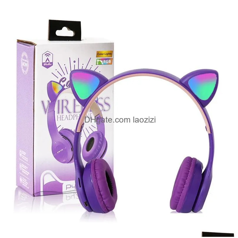 p47m kids wireless foldable cute cat headphone sports gaming headset with mic led lights f0019