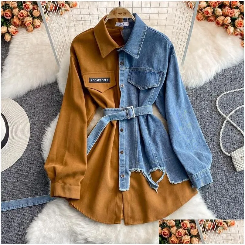 Casual Dresses 2023 Spring Vintage Women Dress Denim Stitching Corduroy Lapel Vestidos Femme Fashion Irregular Midi Shirt Mujer