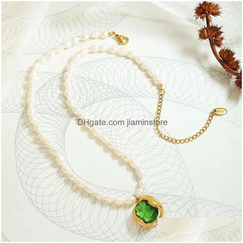 Pendant Necklaces Green Zircon Crystal Charm Natural Freshwater Pearl Necklace Irregular Rice Baroque Strand Choker Wedding Jewelry