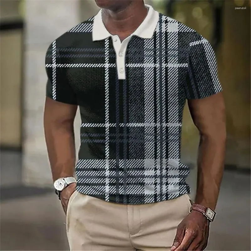 Men`s Polos Polo Shirt Fashion Stripes Printed Shirts Casual Short Sleeve Summer Mesh Blouse Clothing Oversized T