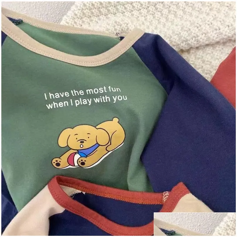 Boys Cartoon Printed Round Neck Tees Babies Girls Long Sleeve Top Contrast T-shirt Spring Autumn Wear Casual Sports Clothing 240318