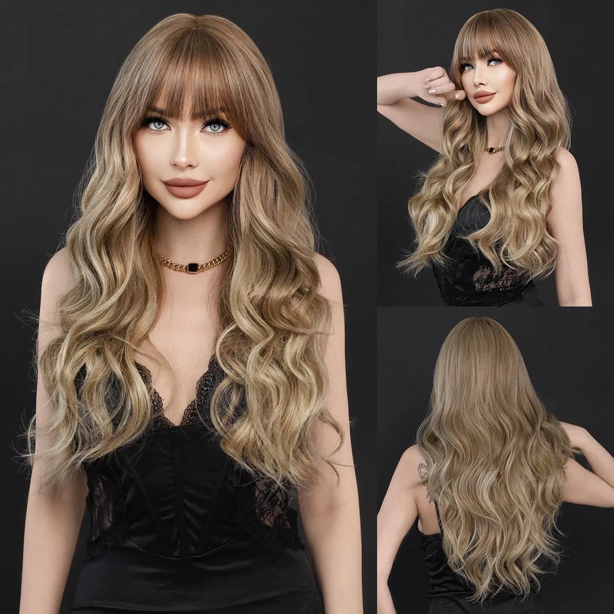 Brown wig head cover gradient wig Long curly hair fashion layered bangs free fast shipping