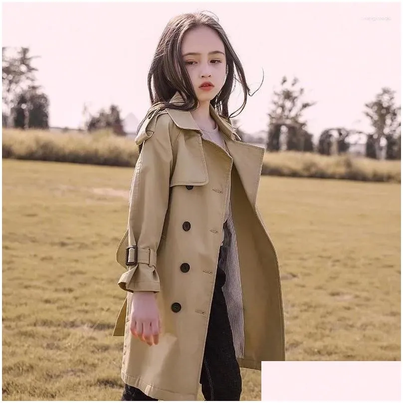 Jackets 2024 Spring Autumn Teen Girls Long Trench Coats Fashion England Style Windbreaker Jacket For 4-13Years