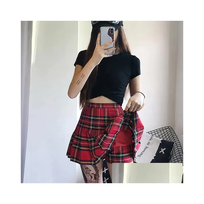 Skirts Skirts Vintage Red Plaid Pleated Women Y2k Mini High Waist Kawaii Female Summer College Style Tennis Short 230330