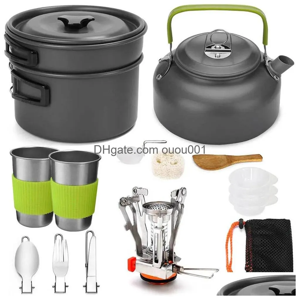 Camp Kitchen Cam Cooker Set Cookware Kit Outdoor Pot Pan Stove Kettle Cups Tableware Tourist Dishes Nature Hike Equipment 230210 Drop Dhf6U