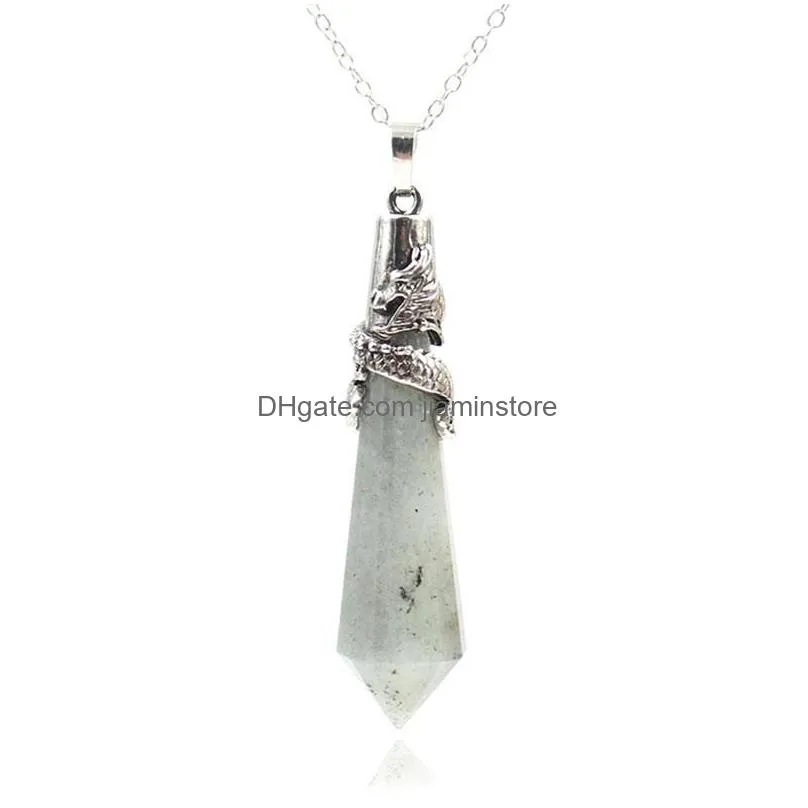 Pendant Necklaces Retro Natural Labradorite Pendulum For Dowsing Stone Geometry Healing Crystals Dragon Necklace WomenPendant