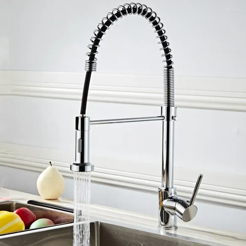 Kitchen Faucets Spring Style Chrome Finish Mixer Faucet Pull Out Torneira All Around Rotate Swivel 2-Functions Water Outlet Tap