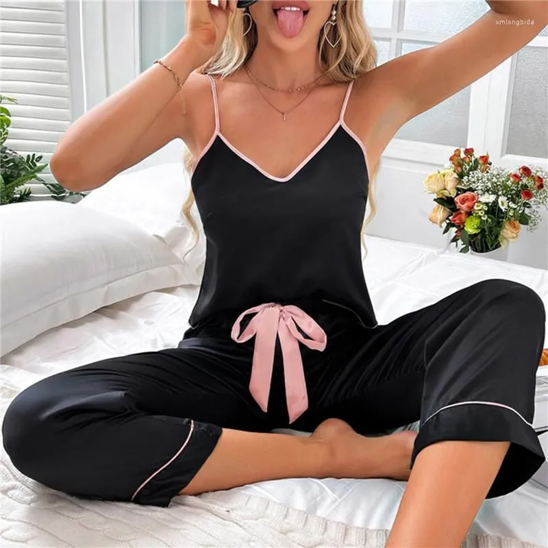 Women`s Sleepwear Women`s Pijamas Sexy Lingerie Silk Pajamas Eye-mask Set Satin Cami Vest With Trousers Nightwear Pyjama Femme Mujer