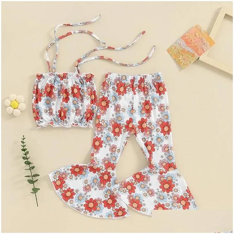 Clothing Sets Kid Toddler Baby Girl Summer Outfits Flower Tie-Up Spaghetti Straps Crop Tank Tops Flare Pants 2Pcs Clothes Set