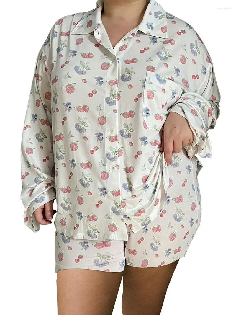 Women`s Sleepwear Y2k 2 Piece Pajama Set For Women Cute Floral Fruit Print Long Sleeve Button Shirt Side Split Shorts Outfits