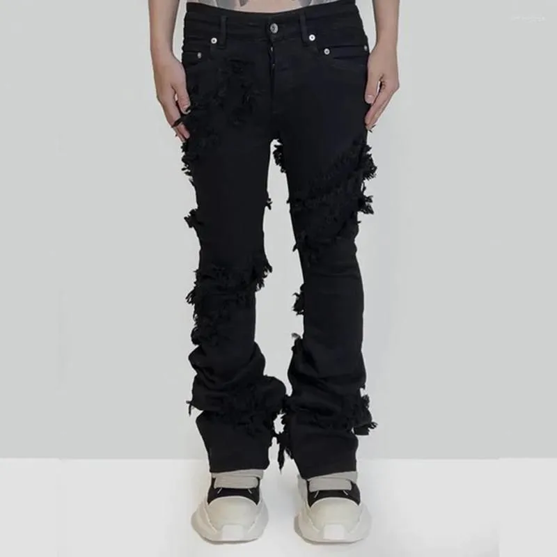 Men`s Jeans Fashion Flared Men`s Ripped Distressed Streetwear Black Denim Pants Long Ribbons Trend Man