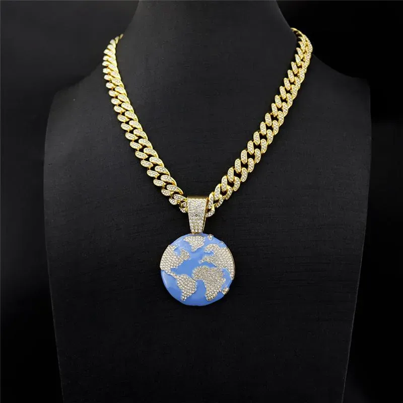 Pendant Necklaces Iced Out Blue Earth Cubic Zircon Necklace For Men Fashion Hip Hop Crystal Big  Cuban Chain Party JewelryPendant