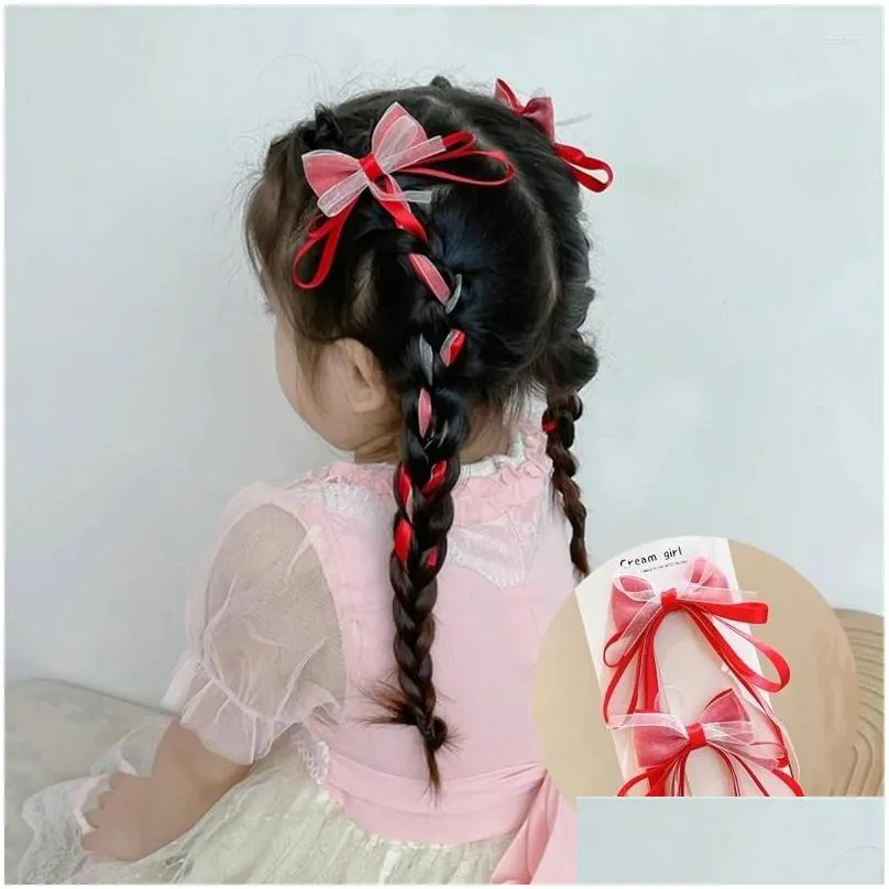 Hair Accessories 2pcs Children Long Ribbon Hairpins Korean Sweet Girls Tassel Clips Elegant Braided For Girl