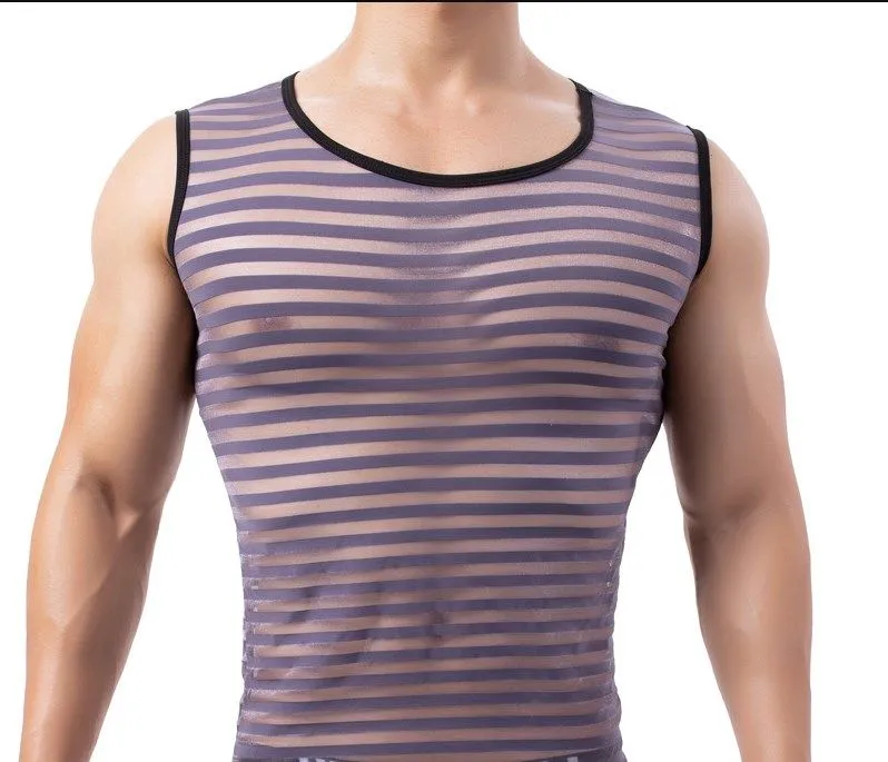 Men`s Tank Tops Horizontal Strip Vest Men`s Breathable Transparent Character Elastic Nylon Fashion Horizontal Strip Narrow Back Crewneck