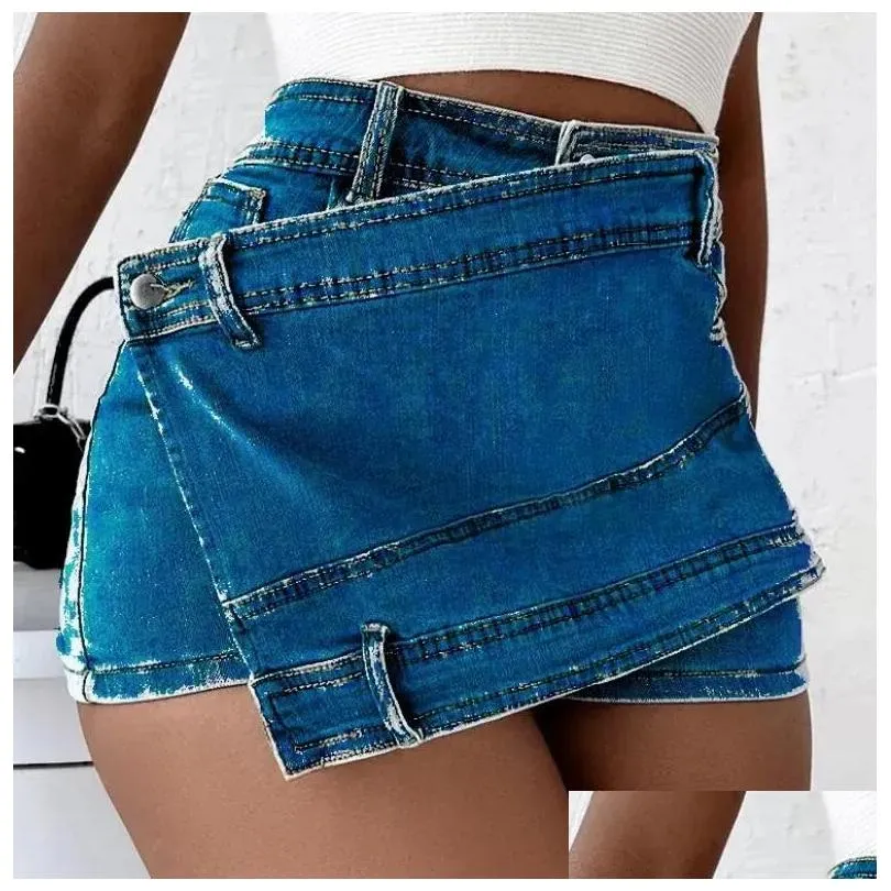 Irregular Denim Shorts Jeans for Women Summer Runway High Waisted Mini Sexy Micro Blue Jeans Skirts Female with Pockets