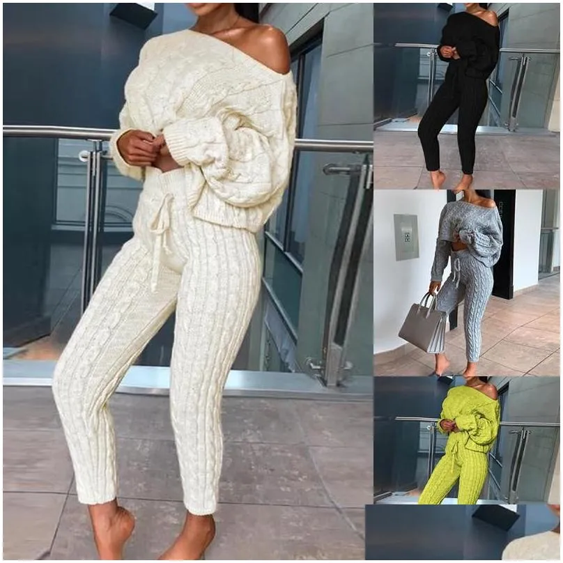 2020 New Womens Ladies Solid Off Shoulder Cable Knitted Warm Loungewear Set Autumn Sweater Women Sweater Winter Clothes Suit