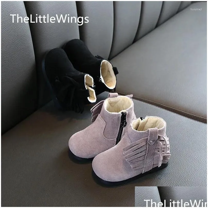 Boots Winter 2024 Kids`Shoes Babies With Tassels Girls` Fashion Korean Keep Warm 0-1 Years Old Suede Toddler Shoes