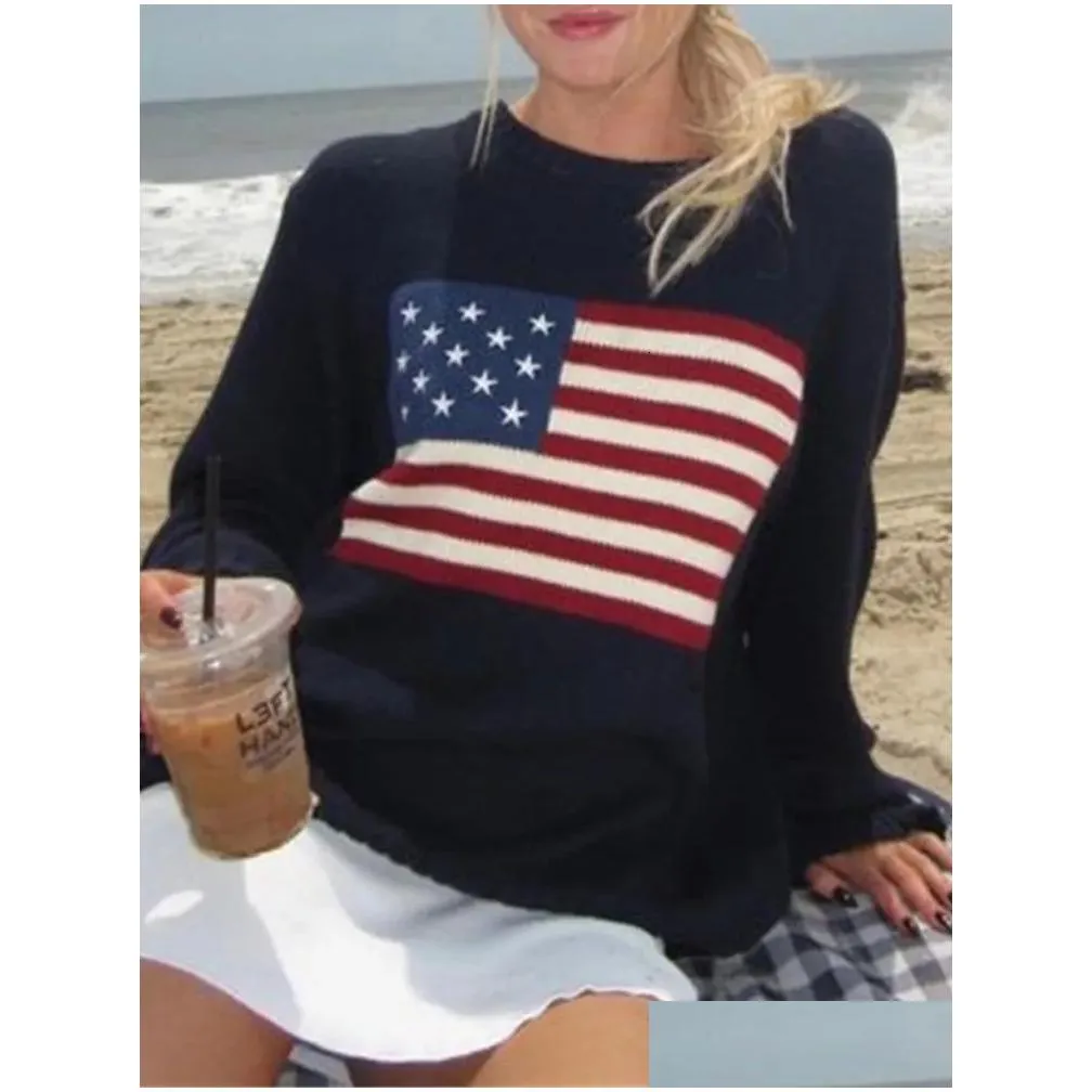 Women`s Sweaters Y2K Women Winter Vintage Ladies Luxury American Flag Knit Sweater Aesthetics Long Sleeve Oversize Pullover Tops Clothes