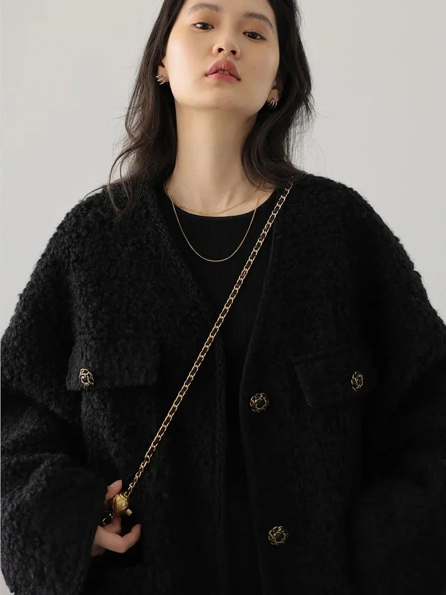 Women`s Wool Blends Women`s Woolen Coat Heavy Industry Down Jacket Vintage V-Neck Woman Down Coat Female Tops Autumn Winter 231030