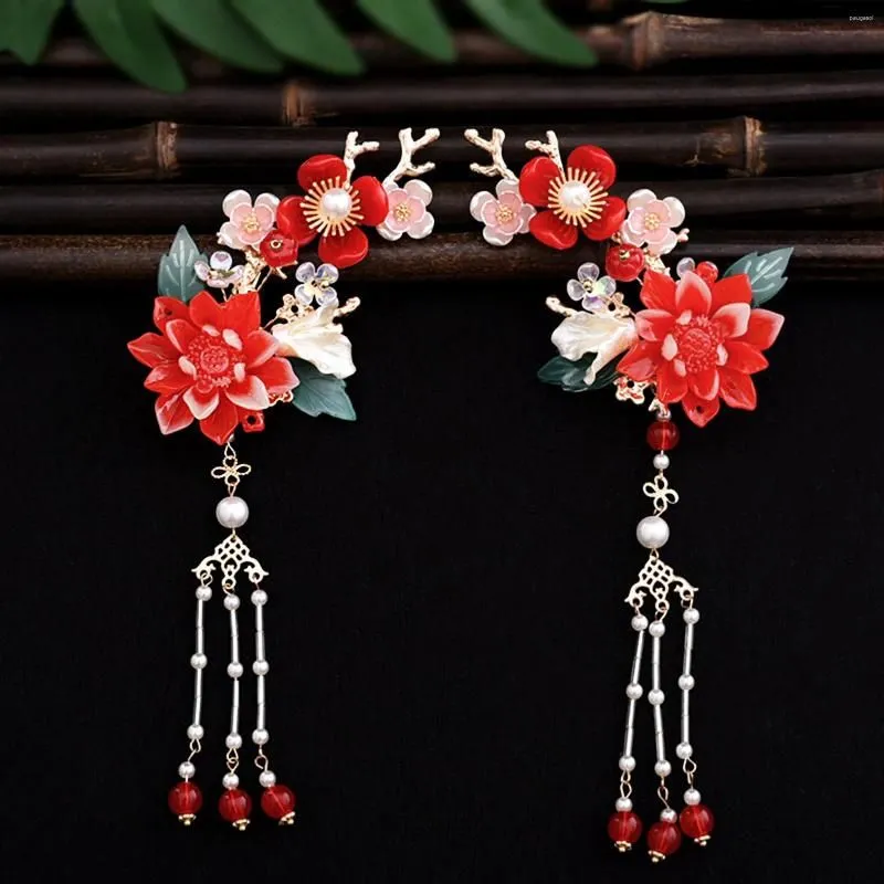 Hair Clips 2Pcs Chinese Hanfu Accessories Fairy Red Flower Hairpins Vintage Dress Headwear Long Tassels Clip Noiva Jewelry