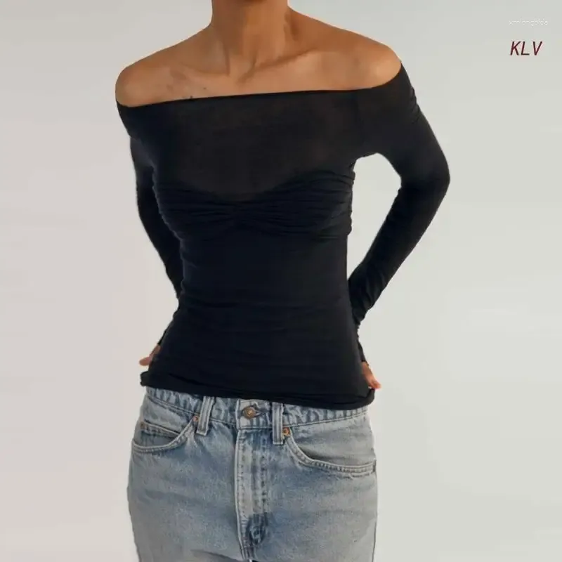 Women`s T Shirts Womens Sexy Off Shoulder Sheer Mesh Long Sleeve T-Shirts Ruched Front Solid Color See-Through Bodycon Blouses Crop