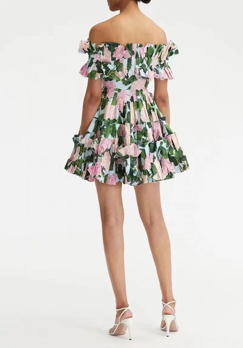 2023 Fancy dress Womens floral Printed Gathered Waist Slash Neck Puff Sleeve Fit&Flar Mini dress