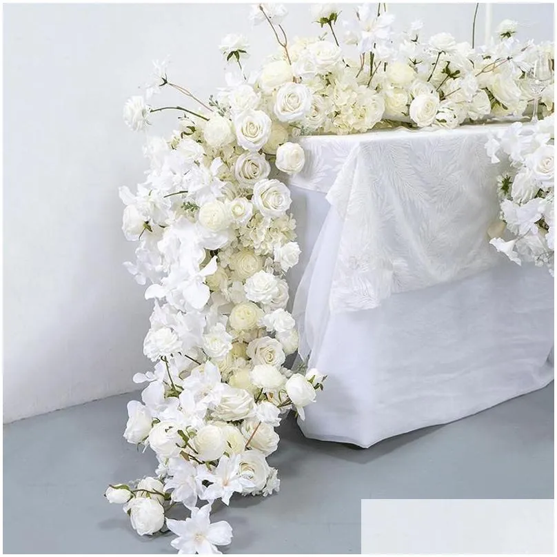 Decorative Flowers & Wreaths Luxury Wedding White Rose Orc Flower Row Runner Arrangement Banquet Event Decor Table Ball Party Prop Dro Dhsoc