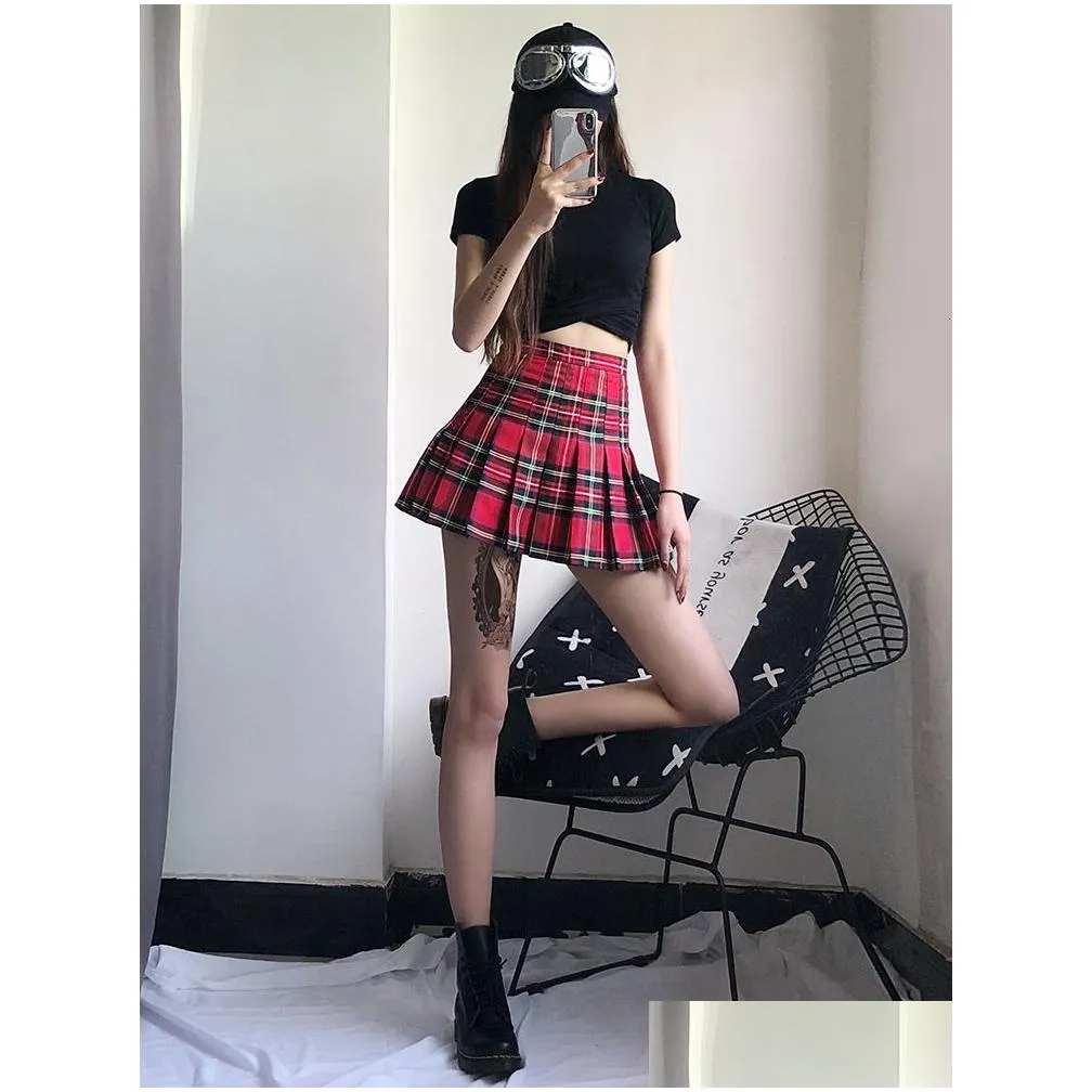 Skirts Skirts Vintage Red Plaid Pleated Women Y2k Mini High Waist Kawaii Female Summer College Style Tennis Short 230330