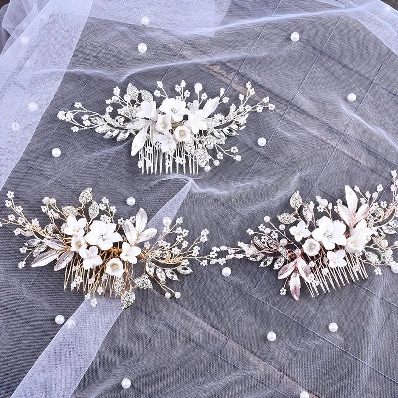 Hair Clips 3 Colors Ceramic Flower Leaf Combs Women Bridal Wedding Jewelry Accessories Head Decoration Elegant Ornament