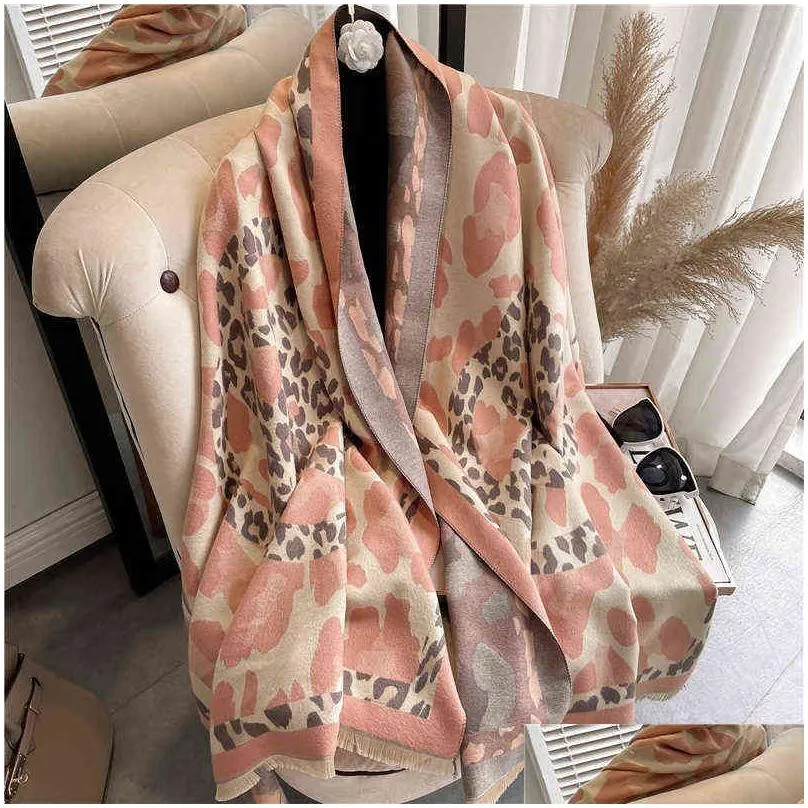 Women Cashmere Scarf Winter Wram Leopard Hijab Thick Pashmina Shawls Lady Wraps Printed Blanket Tassel Large Bufanda Echarpe 220107