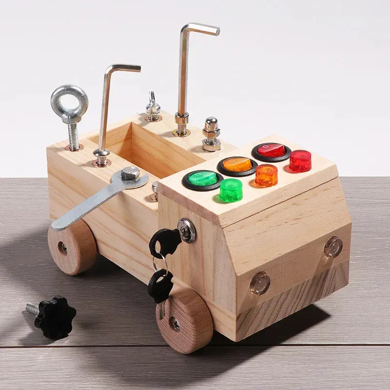 Childrens Wooden LED Switch Busy Board Disassembly and Assembly Screws Nuts Tool Car Montessori Early Education Puzzle Toy 240131