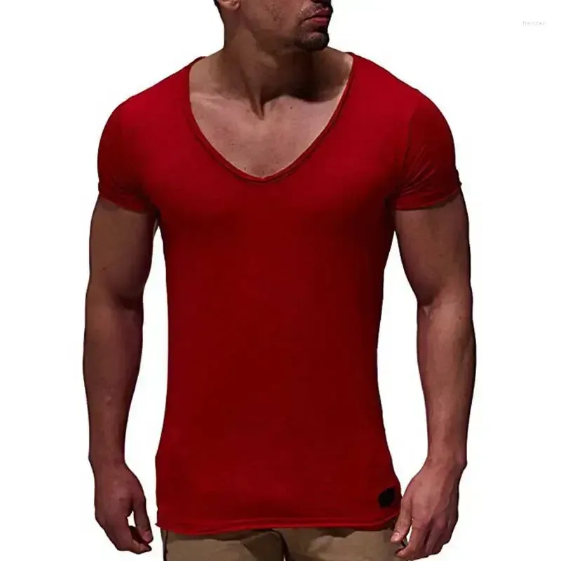 Men`s Suits A2701 Arrival Deep V Neck Short Sleeve Men T Shirt Slim Fit T-shirt Thin Top Tee Casual Summer Tshirt Camisetas Hombre