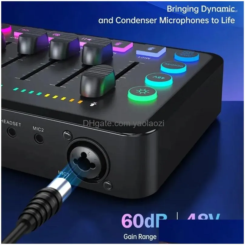 microphones 48v sound card audio mixer rechargeable interface rgb with xlr microphone for podcasting/recording