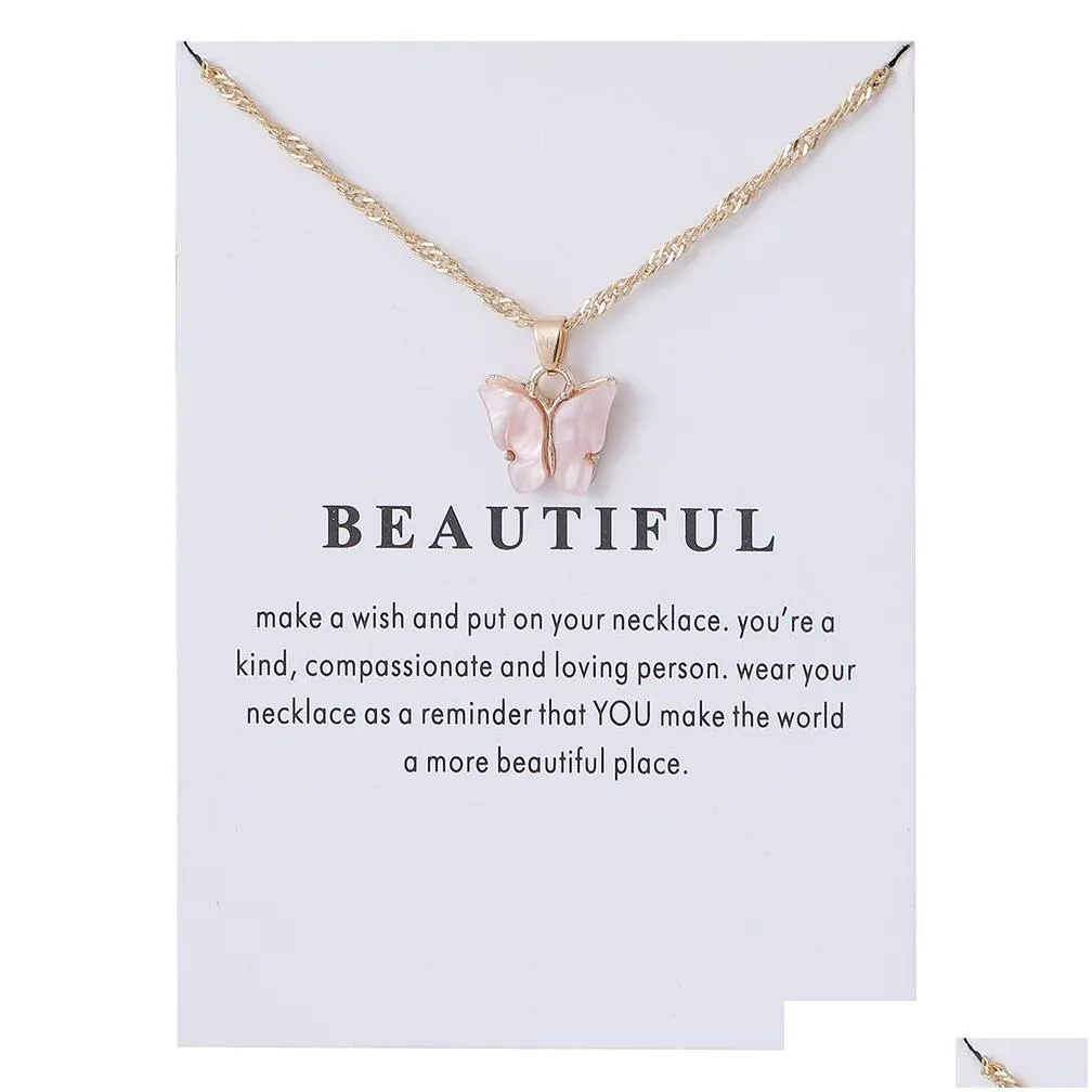 bulk price womens acrylic butterfly pendant necklaces sexy clavicle rope chain jewelry lady necklace with gold white card