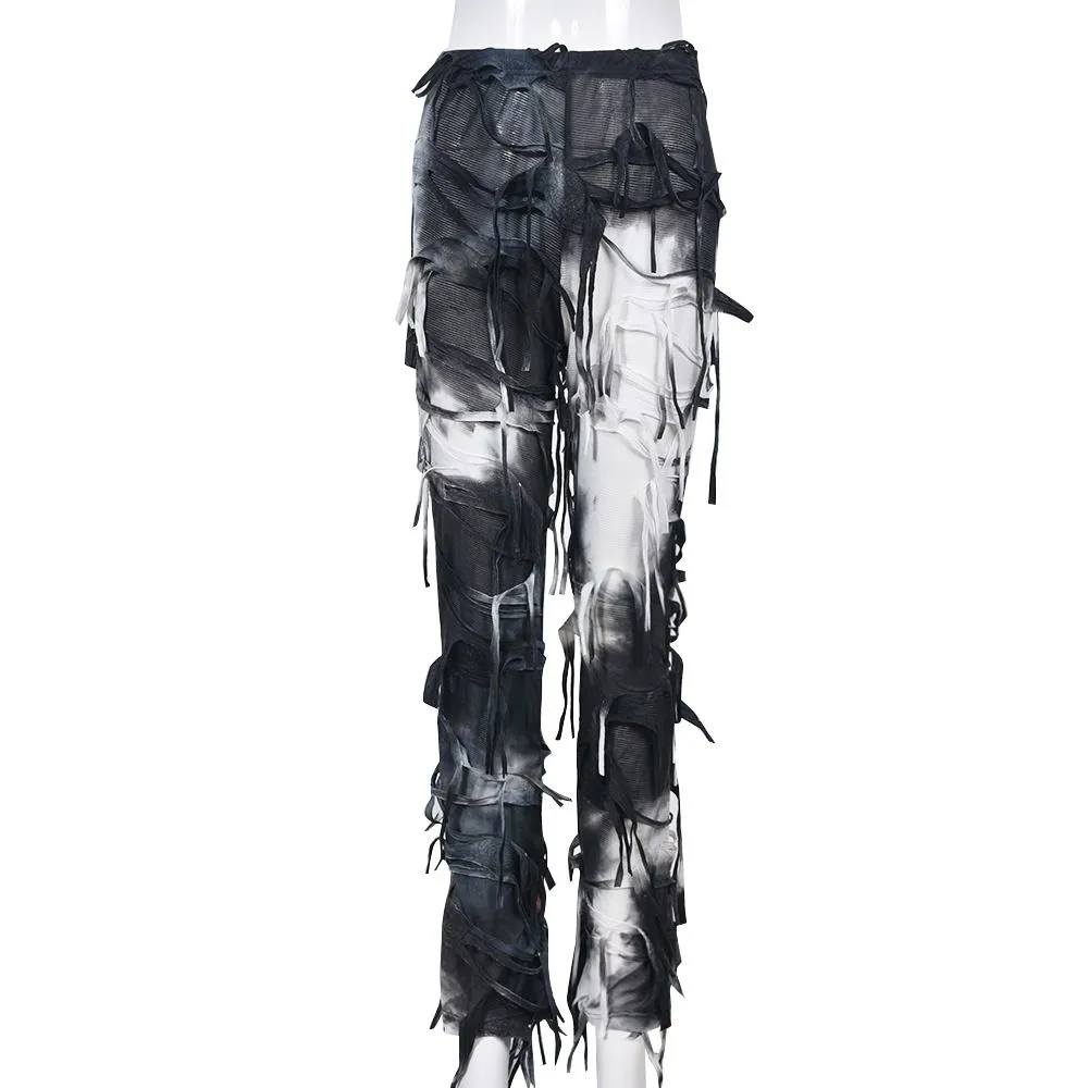High Waist Women Street Wear Cargo Trousers Tie Dyed Stylish Y2k Frayed Distressed Stacked Tight Pants