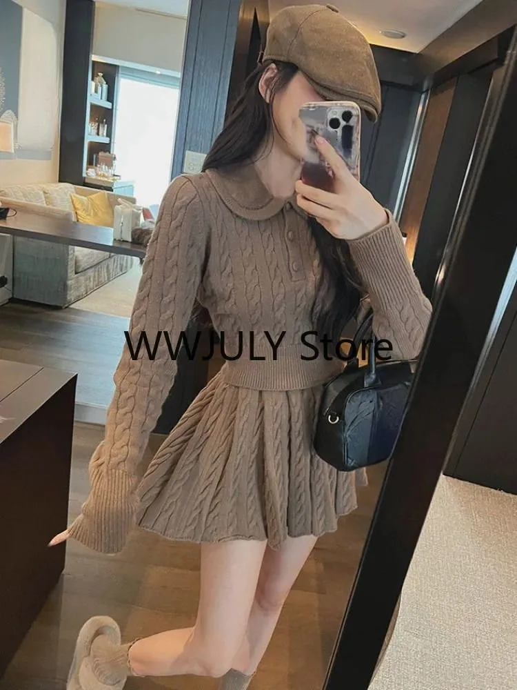 Autumn Preppy Style Knitted Clothing Suit Woman Slim Kawaii Swearter Tops Casual Y2k Mini Skirt Woman Fashion 2 Piece Set 240219