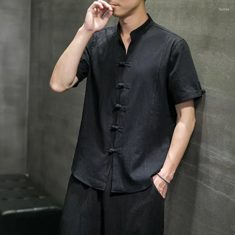 Men`s Casual Shirts Plus Chinese Style Size Linen Shirt Summer Tang Suit Tai Chi Black Short Sleeve Ethnic Vintage Top Men Clothing