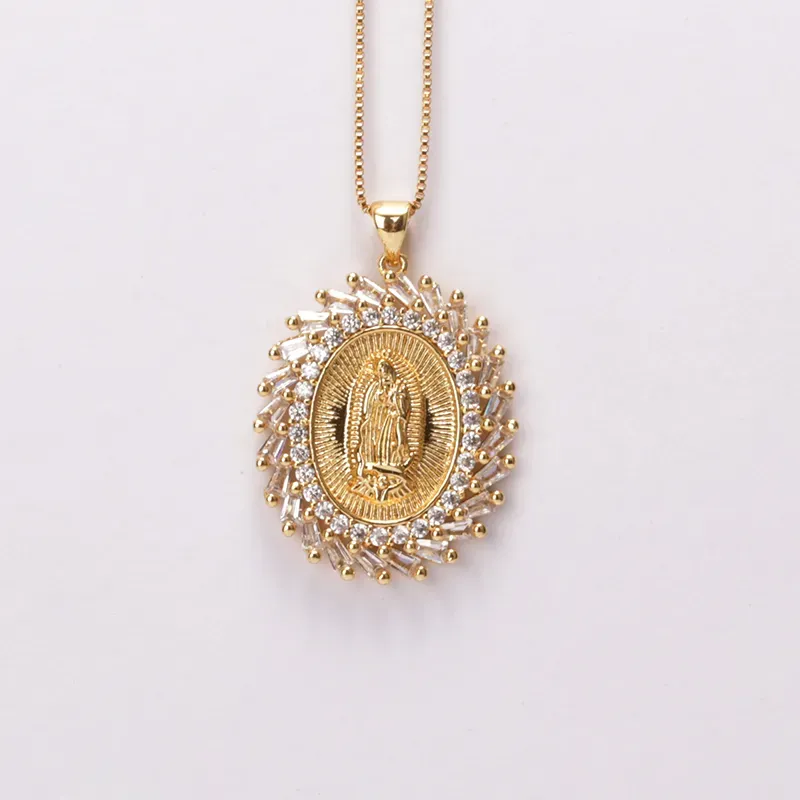 Pendant Necklaces 18 Inches White Black Red Cz Crystal Paved Christian Religious The Blessed Virgin Mary Statue Cross Charm Gold