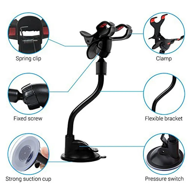 Long Car Mount Holder Mobile Phone Holder Universal Windshield 360 Degree Rotation Bracket With Double Clamps for iPhone Samsung GPS