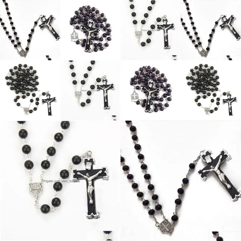 catholic rosary black wooden beads holy father and holy mother of god cross religious jewelry necklace