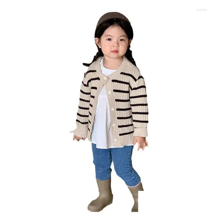 Jackets Children Clothing Kids Sweater 2024 Spring Autumn Fashionable Korean Style Striped Knitted Cardigan Single Breasted