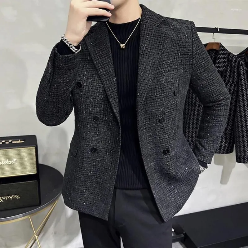 Men`s Suits Top Quality Double-breasted Woolen Business Casual Blazers Brand Thick Slim-fit Suit Jacket Handsome Tuxedos