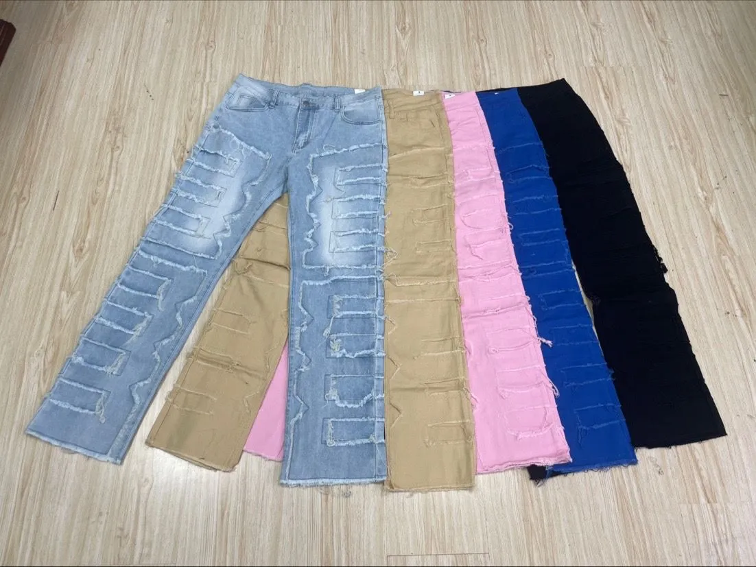 Men`s Jeans Regular Fit Stacked Patch Distressed Destroyed Straight Denim Pants Streetwear Clothes Casual Jean