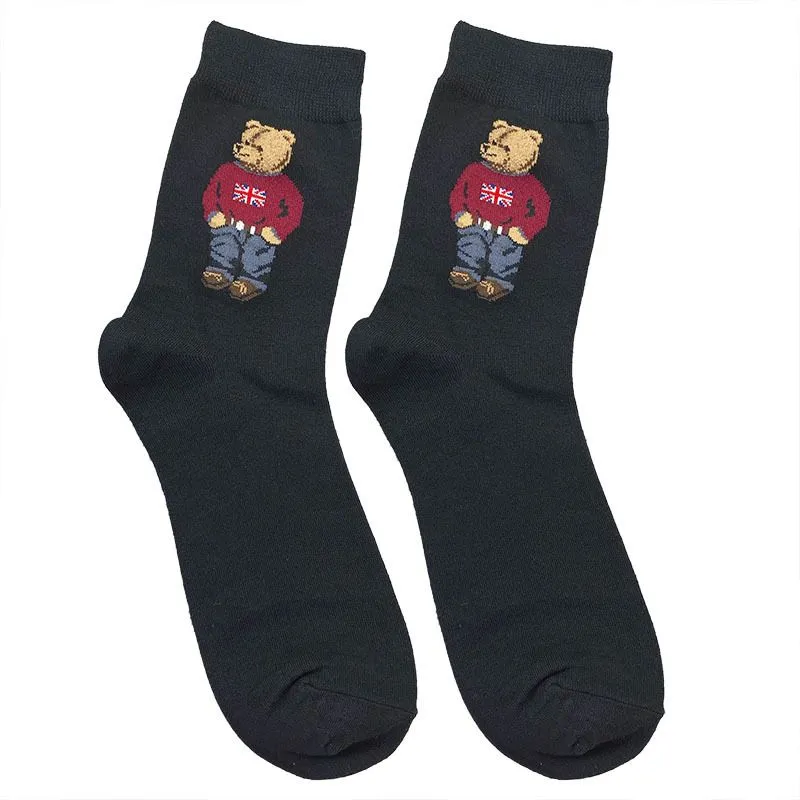 Men`s Socks 2023 Mix 5 Colors Cotton Autumn Breathable Skateboard Happy Men Winter Cartoon Bear Mid Tube For Christmas Gift