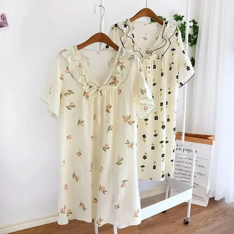 Women`s Sleepwear Summer Clothing V-neck Cotton Short Home Printing Sleeve Pajama For Est Thin Dress Fashion Nightwears 2024