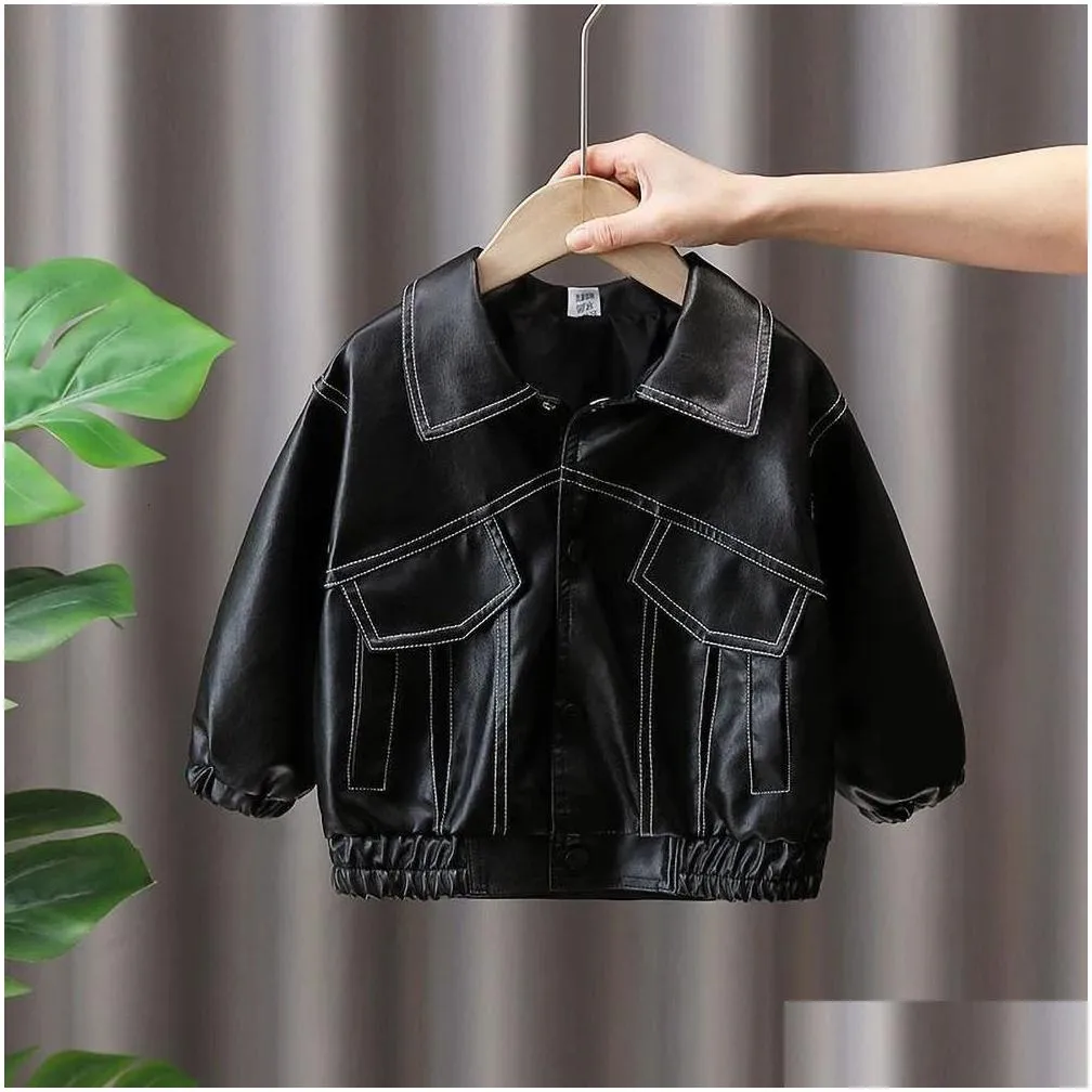 Autumn Boys Leather Coat Fashion Childrens Turn Down Collar Pu Outerwear Korean Casual Kids Baby Motorcycle Jackets 240329