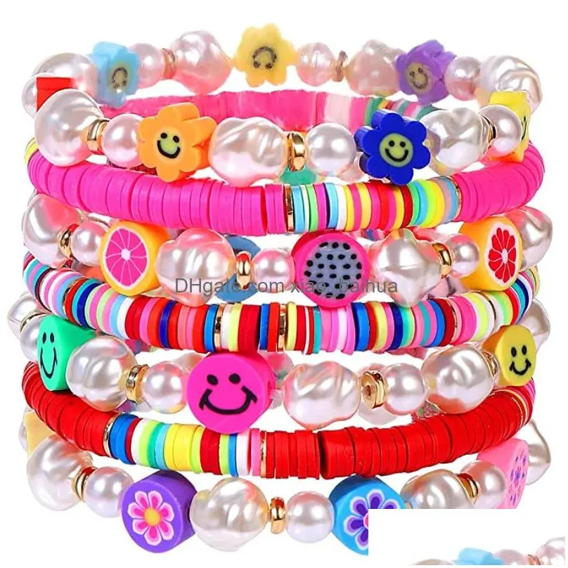 beaded bracelet set stack colorful cute happy face charm pearl heishi beaded stretchy bracelet summer beach bracelet jewelry